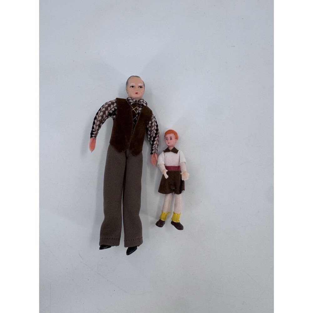 Vtg Caco Grandpa & Boy Dressed Wrapped Flexible Dolls 1:12 Dollhouse